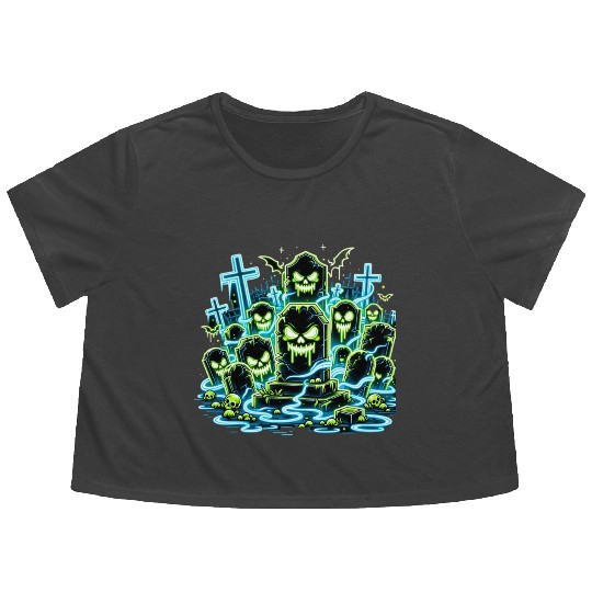 Neon Tomb Uprising – Glowing Graveyard Ghouls Flowy Cropped Tees