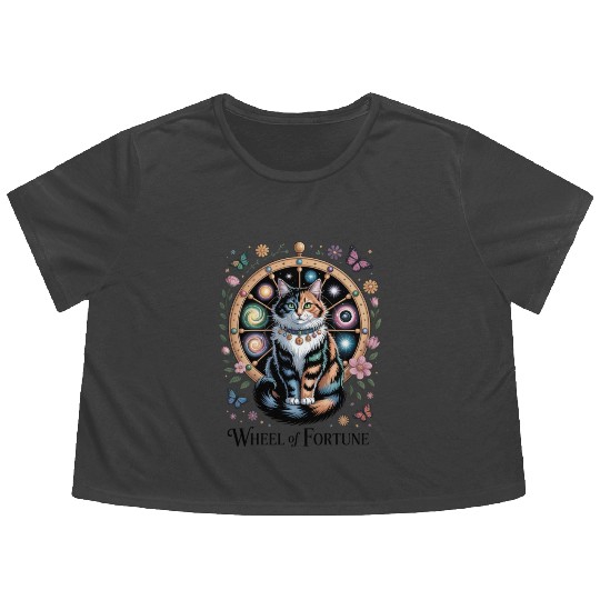 Wheel of Fortune Tarot Cat Art Flowy Cropped Tees