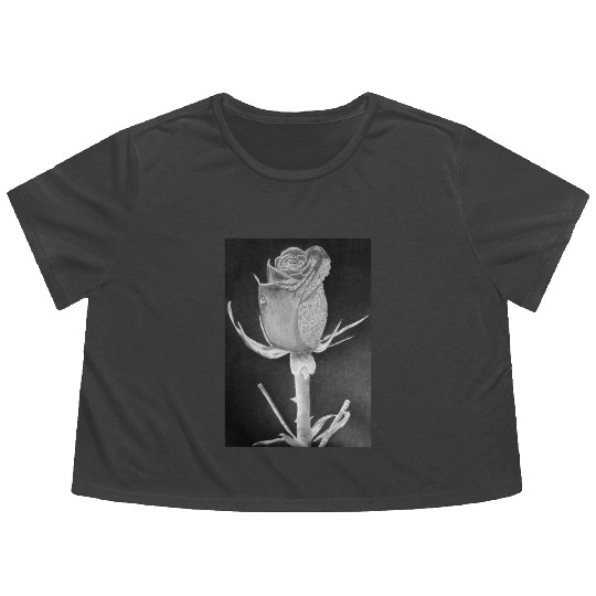 Realistic Graphite Rose & Dew Drawing - RT Art © Flowy Cropped Tees