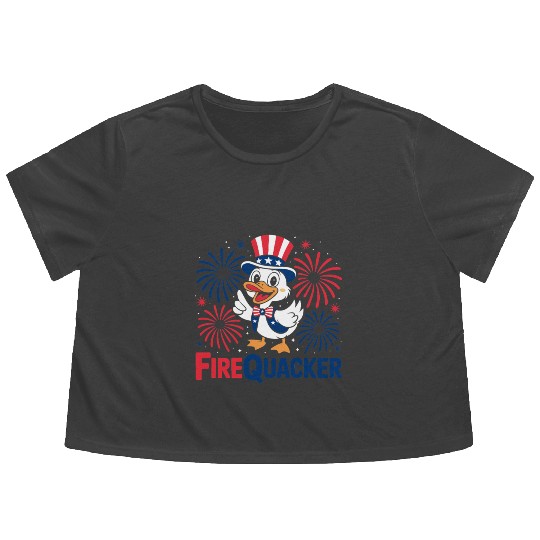 Womens Duck Firequacker Patriotic Fourth of July I Flowy Cropped Tees