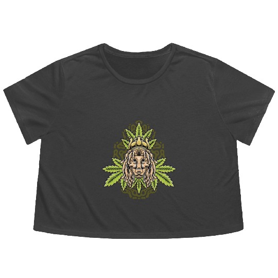 handdrawn lion marijuana leaf with old school t Flowy Cropped Tees