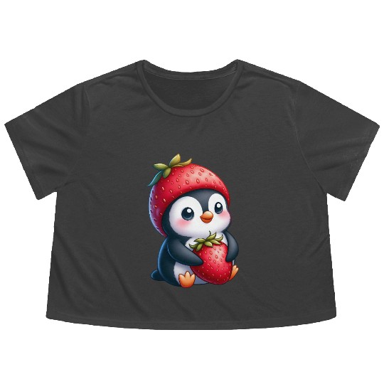 Cute penguin with strawberry cartoon summer fun Flowy Cropped Tees