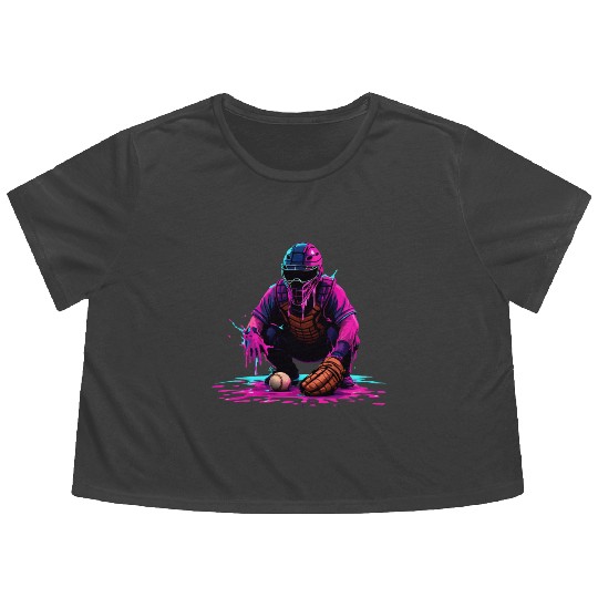 Neon Baseball Catcher Art Cool Vaporwave Sports Flowy Cropped Tees