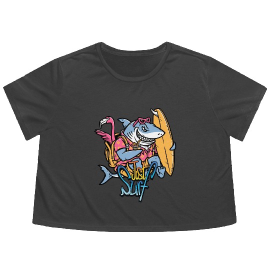 Just Surf – Cool Shark with Surfboard & Flamingo Flowy Cropped Tees