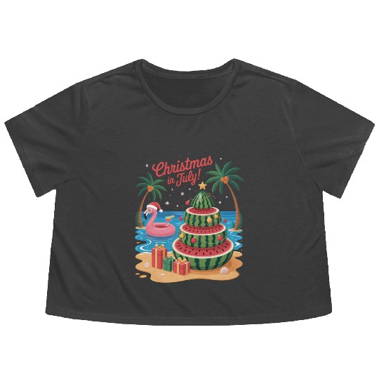 Christmas In July Watermelon Xmas Tree Santa Flowy Cropped Tees