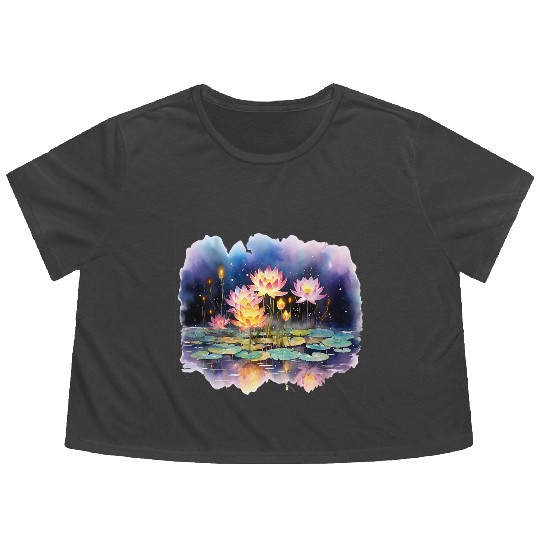 Retro Zen Lotus Firefly Night Flowy Cropped Tees