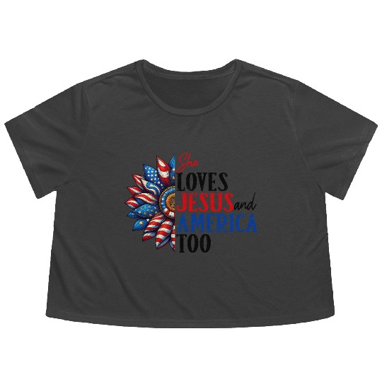 She Loves Jesus and America Too 4th of July Flowy Cropped Tees