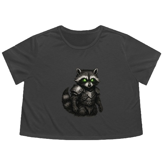 Armored Forest Raccoon – Glowing-Eyed Fantasy Ward Flowy Cropped Tees