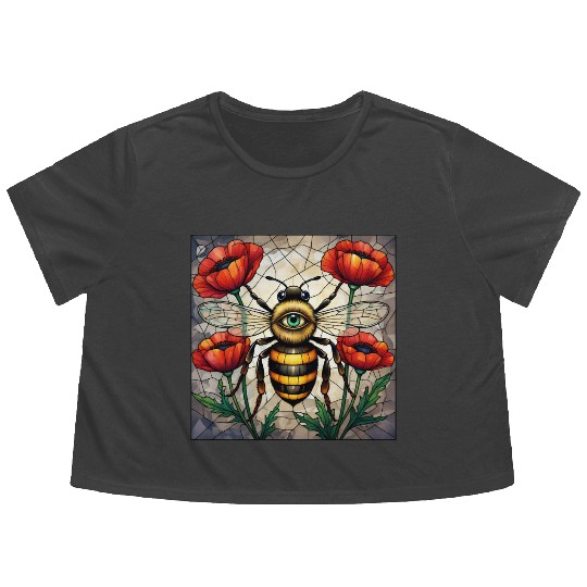 Bumble bee stained glass vibrant poppy flower eye Flowy Cropped Tees