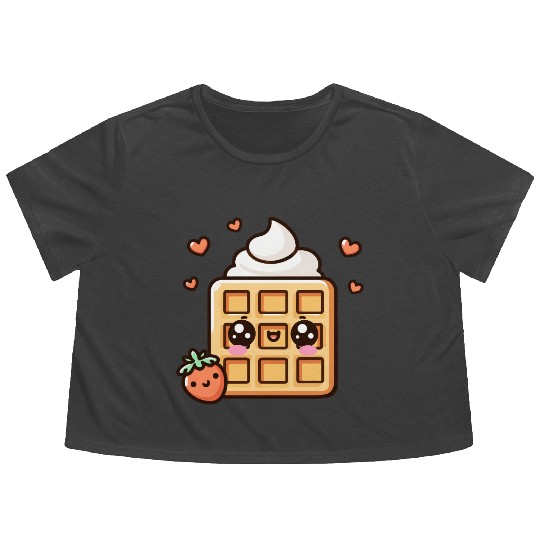 Kawaii Dessert Waffle with Strawberry Flowy Cropped Tees