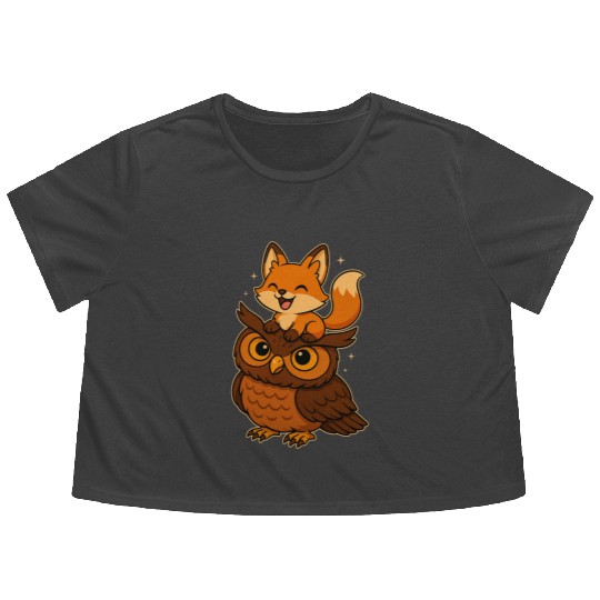 Funny Fox and Owl Cute Forest Animals Cartoon Flowy Cropped Tees