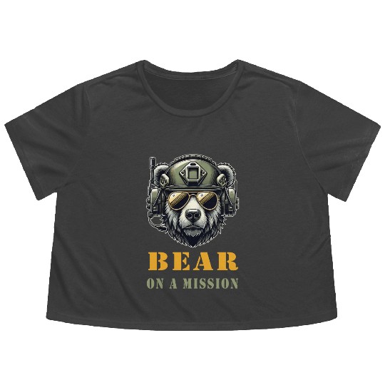 Bear In Mission / Military Design Flowy Cropped Tees