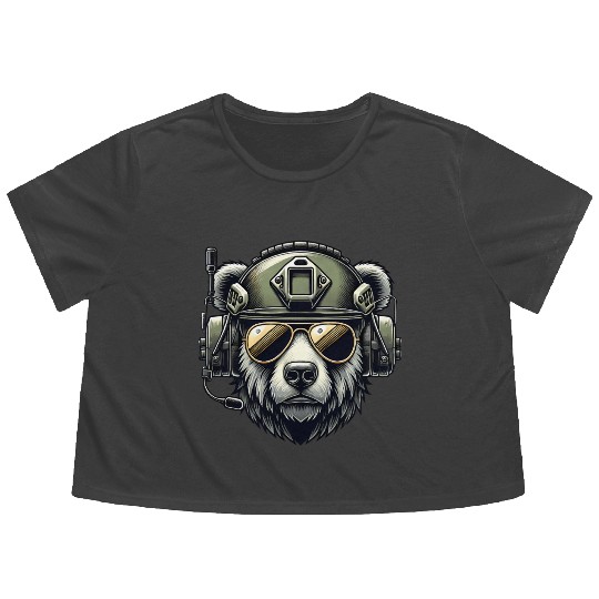 Bear Military Design Flowy Cropped Tees