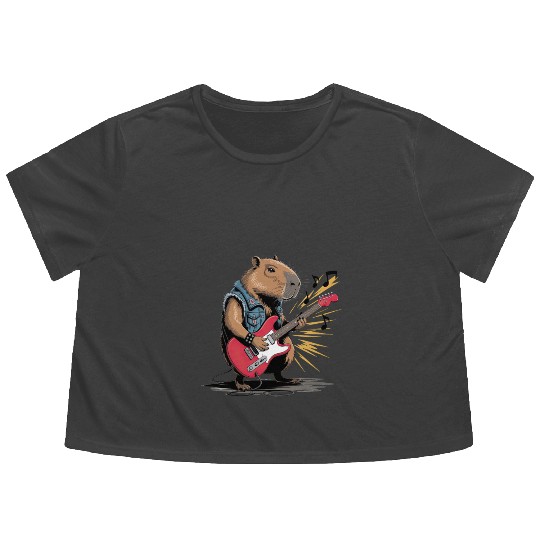 Cool Capybara Playing Electric Guitar Flowy Cropped Tees