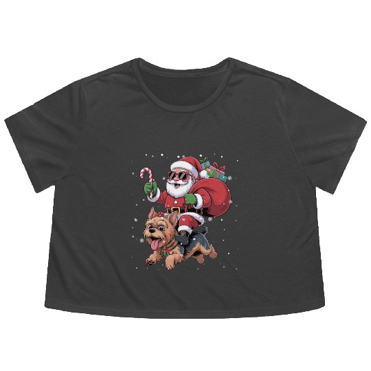Santa Claus Yorkie Dog Christmas In July Flowy Cropped Tees