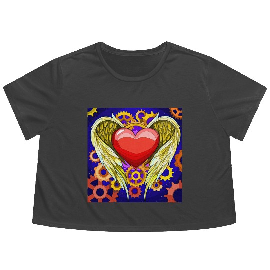 Mechanical Heart with Angel Wings Flowy Cropped Tees
