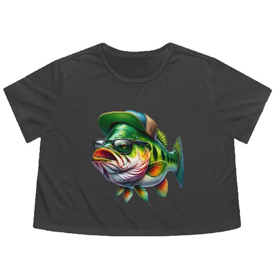 Cool Bass Fish with Green Hat and Glasses Flowy Cropped Tees