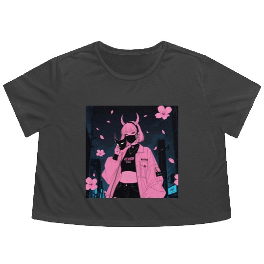 Neon Sakura Night Streetwear Design Flowy Cropped Tees
