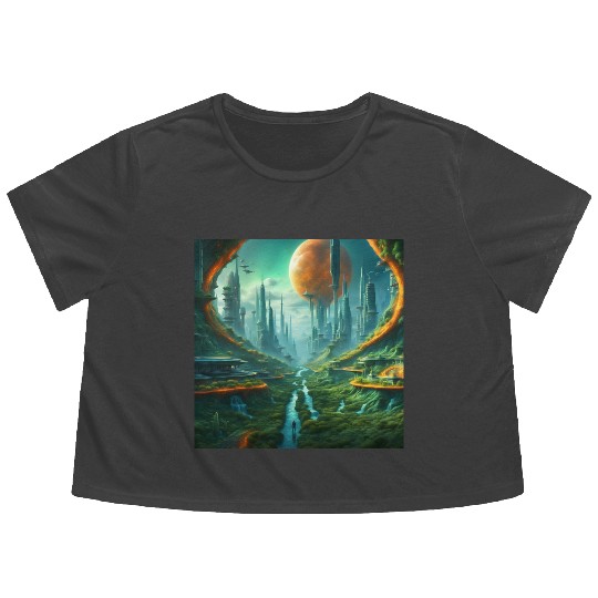 Futuristic Urban Landscape with Alien Sky Flowy Cropped Tees