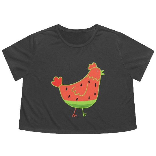 Whimsical Watermelon Chicken Illustration Flowy Cropped Tees