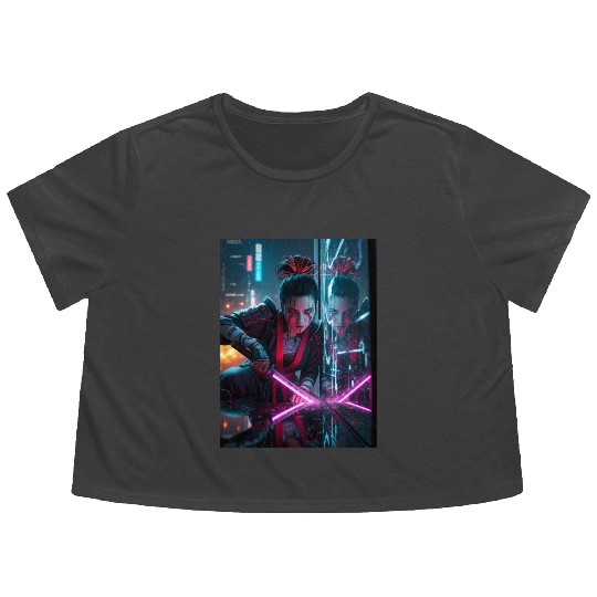 Cyberpunk Samurai Girl Flowy Cropped Tees
