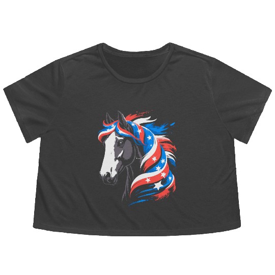 Patriotic Pony with Stars and Stripes Mane Flowy Cropped Tees