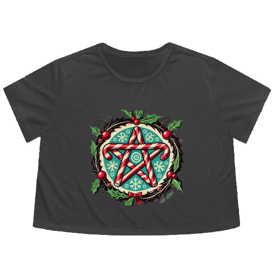 Yule Pentacle with Candy Canes Pagan Holiday Desig Flowy Cropped Tees