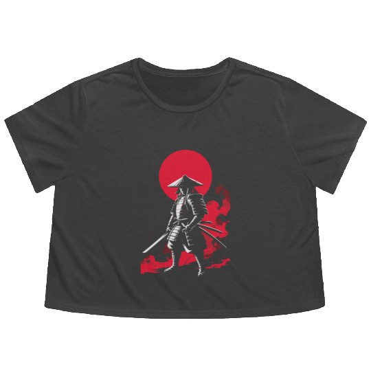 Samurai Warrior with Red Sun Backdrop Flowy Cropped Tees