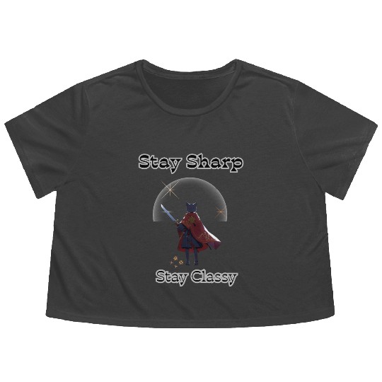 Elegant Cat Warrior with Sword Illustration Flowy Cropped Tees