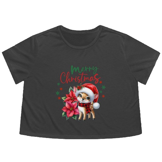 Festive Christmas Puppy with Poinsettia Flowy Cropped Tees
