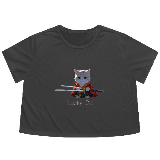 Mythic Warrior Cat with Swords Flowy Cropped Tees