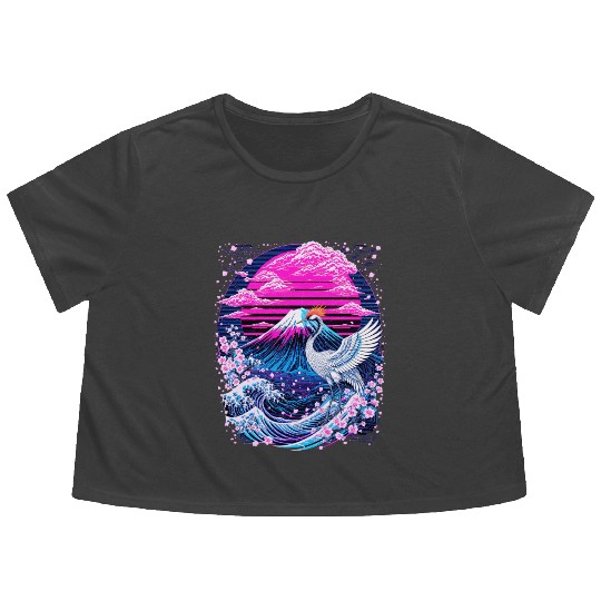 Neon Sakura Crane & Mount Fuji Scene Flowy Cropped Tees