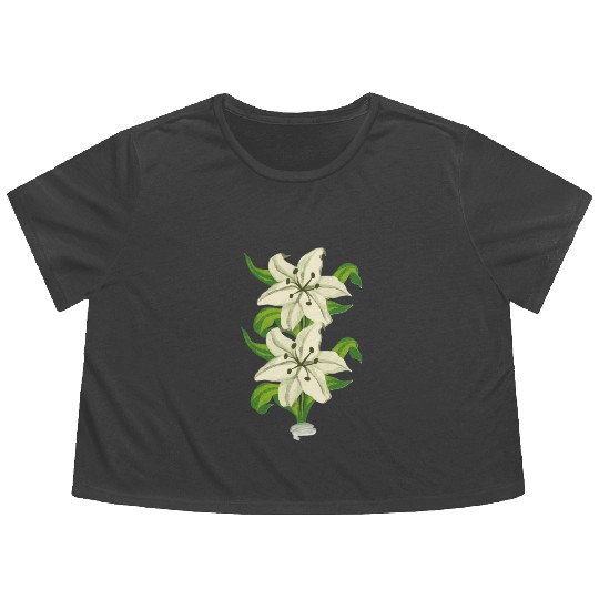 Elegant White Lily Botanical Illustration Flowy Cropped Tees
