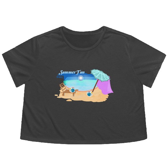 Summer Beach Scene Illustration Flowy Cropped Tees