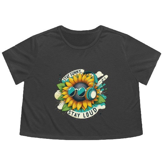 Sunflower with Sunglasses and Headphones Flowy Cropped Tees