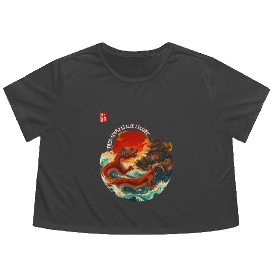 Japanese Dragon and Pagoda Sunset Art Flowy Cropped Tees