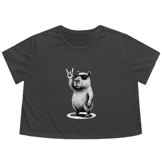 Retro Capybara Rock and Roll Music Capybara Lovers Flowy Cropped Tees