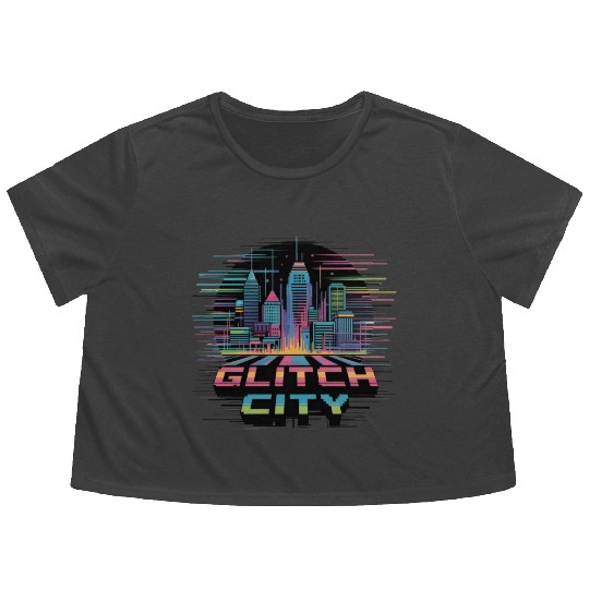 Neon Cyberpunk Cityscape Design Flowy Cropped Tees