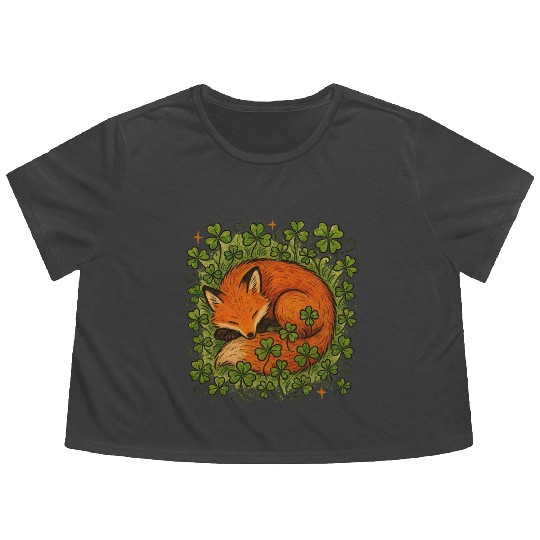 Fox Sleeping in Clover Peaceful Nature Art Flowy Cropped Tees