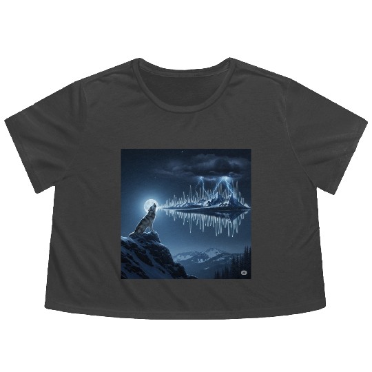 Mystic Mountain Wolf Sound Wave Flowy Cropped Tees