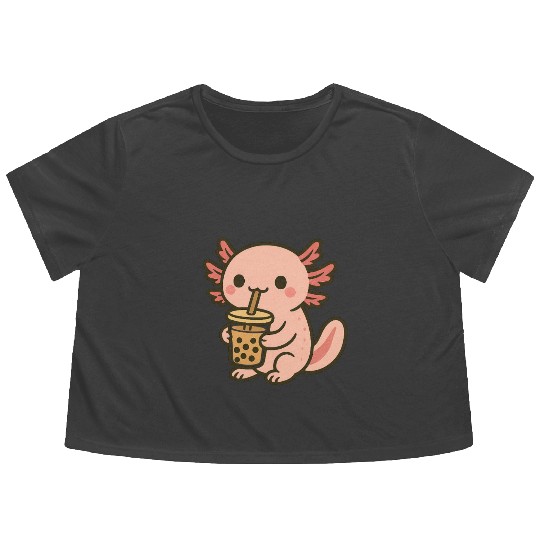 Kawaii Aspiring Dragon with Bubble Tea Flowy Cropped Tees