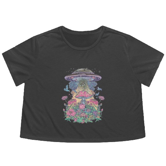 Boho Whimsical Surreal UFO Floral Flowy Cropped Tees