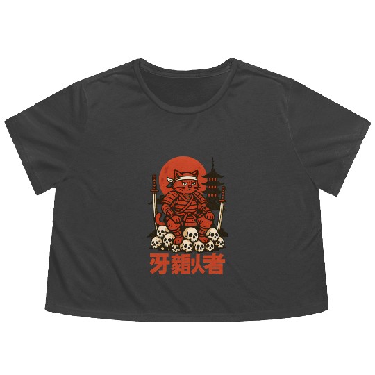 Samurai Cat with Skulls and Pagoda Flowy Cropped Tees