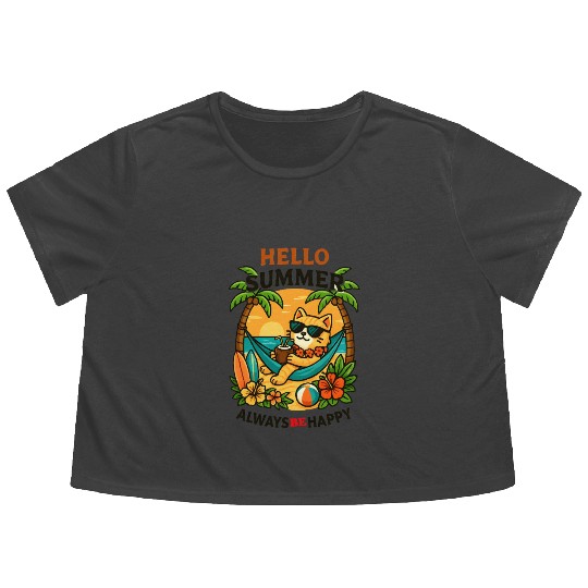 Summer Cat Relaxing in Paradise Flowy Cropped Tees
