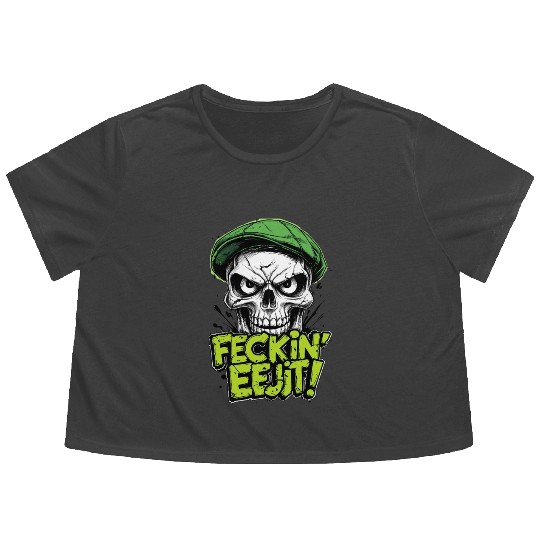 Angry Skull Feckin Eejit Irish Slang Funny Joke Flowy Cropped Tees