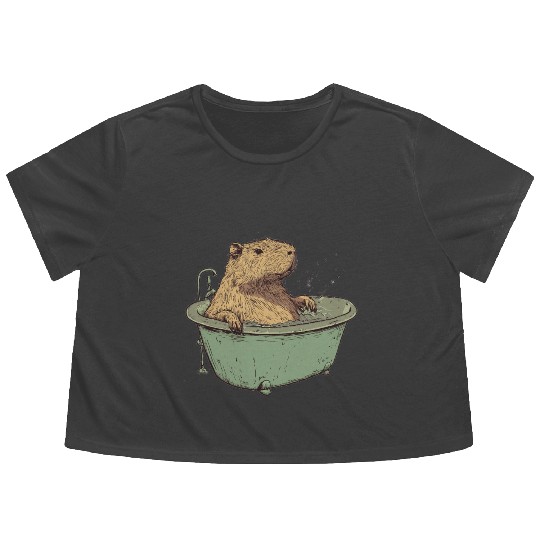 Capybara is Enjoying Its Bathtub Flowy Cropped Tees