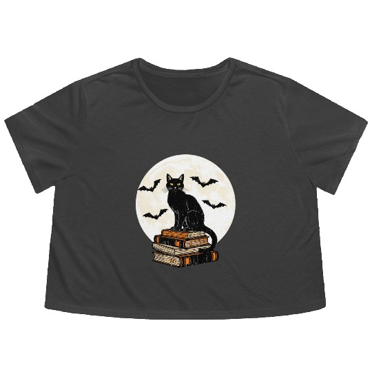 Mystical Black Cat and Bats Moon Scene Flowy Cropped Tees