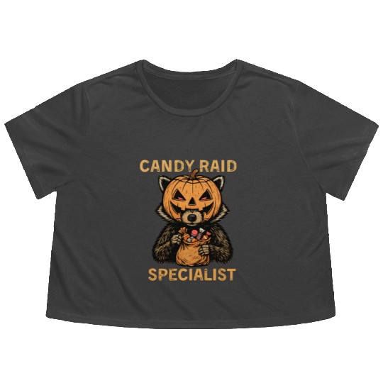 Candy Raid Specialist Halloween Raccoon Pumpkin Flowy Cropped Tees