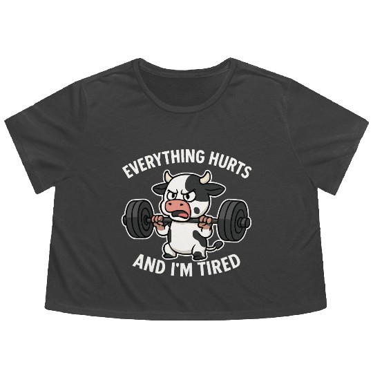 Angry Cow Lifting Weights Humor Flowy Cropped Tees