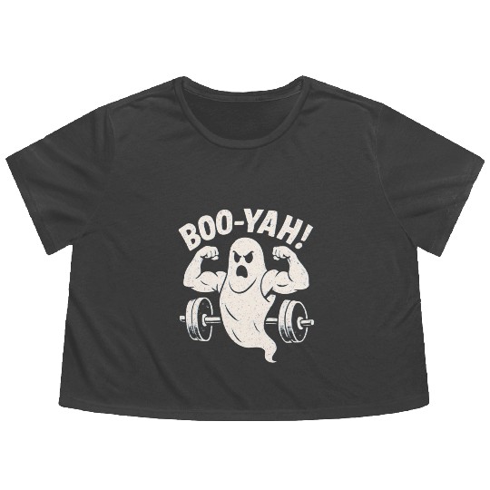 Boo Yah Ghost Halloween Gym Motivational Design Flowy Cropped Tees